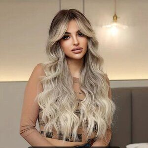 NWT 26" Ombre Blonde Long Wavy Curly Hair Wig %130 Density with Rose Net Cap